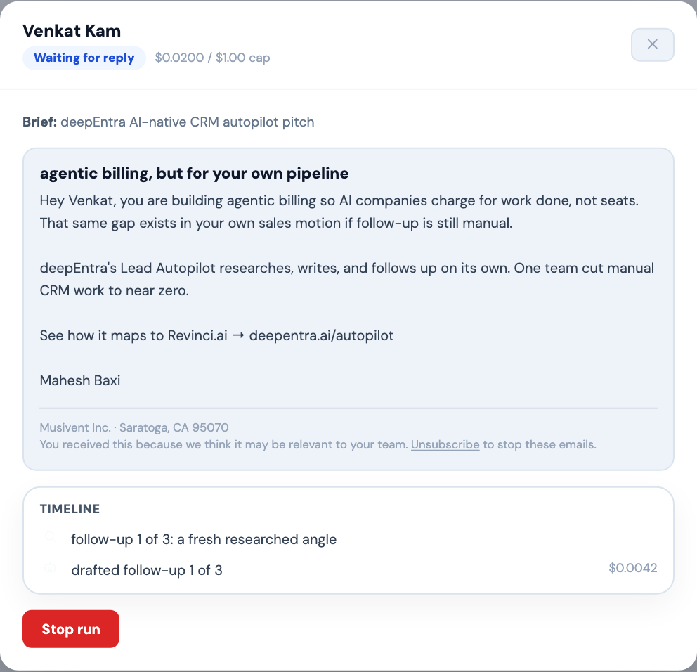 Lead Autopilot — an autonomous nurturing run: a hyper-personalized email drafted by the bot plus its follow-up timeline
